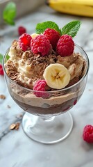 Delicious Chocolate Mousse with Fresh Raspberries and Banana Slices in Elegant Glass on Marble Table
