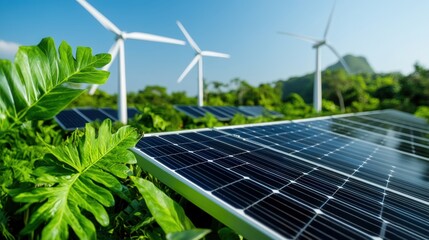 Fototapeta premium Lush Green Landscape with Wind Turbines and Solar Panels