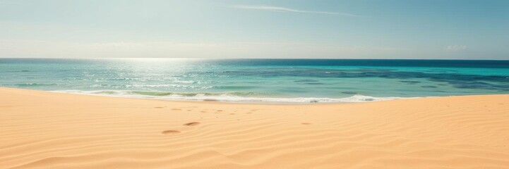 Fototapeta premium Vast sandy desert stretching out to a shimmering turquoise ocean on a remote island, desert, hot