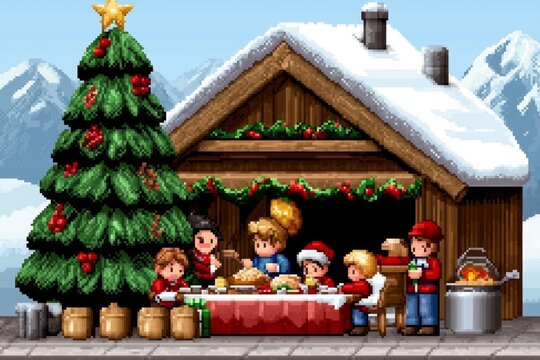 Pixel art of a family gathering around a holiday dinner table, with colorful retro 8-bit style details