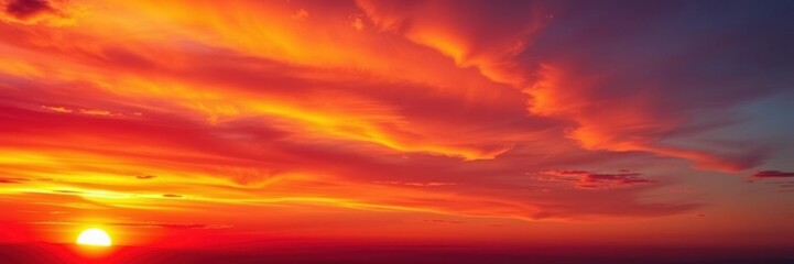 Fototapeta premium Vibrant colors of the sky at sunrise with the sun just beginning to peek over the horizon, casting a warm glow, morning, sun