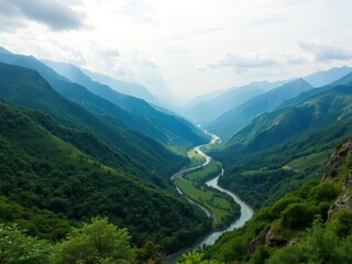 Naklejka premium A beautiful panoramic view of a lush green valley surrounded by majestic mountains and a winding river flowing through it, scenic, nature