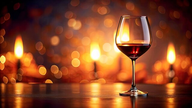 A Single Glass of Wine on a Tabletop with a Warm Bokeh Background of Glowing Lights