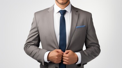 Man Wearing Grey Suit, Blue Tie, And Pocket Square standing against a white background.