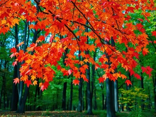 Naklejka premium Vibrant autumn leaves falling from a tree in a serene forest setting, golden, nature
