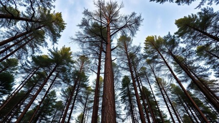 Fototapeta premium A vertical pattern of towering trees blending into the sky, ideal for nature enthusiasts and interior designers, tall, sky