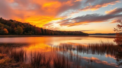 Obraz premium A serene sunrise over a tranquil lake with vibrant autumn foliage reflected on the water's surface, sunrise, lake