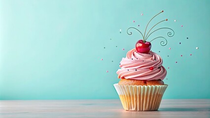 A single cherry cupcake with pink frosting and a whimsical green stem, adorned with colorful sprinkles against a soft aqua background.