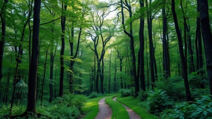 Obraz premium A lush green forest with a winding path cutting through tall trees, creating a serene and enchanting atmosphere, scenery, forest