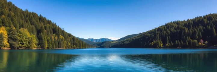 A serene lake surrounded by lush green forests, with a clear blue sky reflecting on the calm water surface, peaceful, natural beauty
