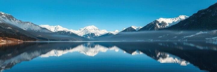 A serene alpine lake surrounded by snow-capped mountains reflecting in the calm water, tranquility, reflection