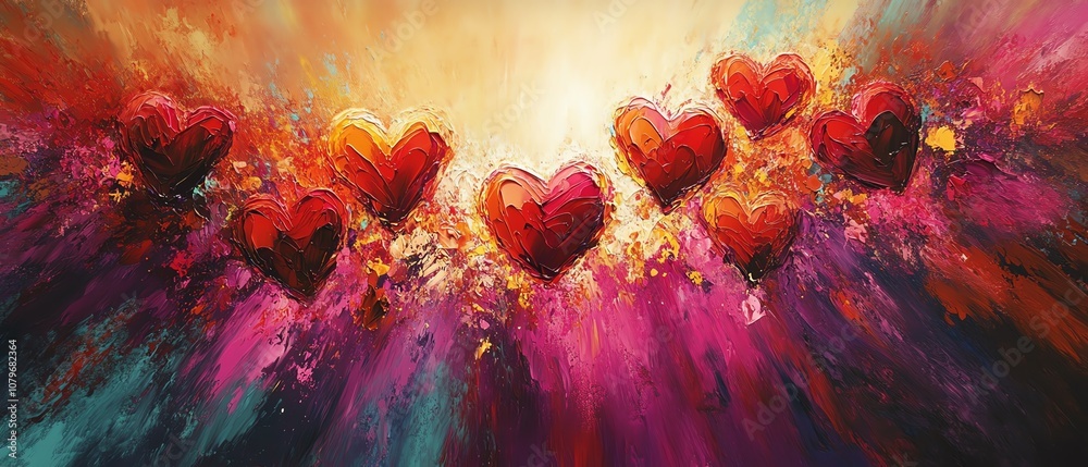 Poster vibrant 2d abstract art featuring a burst of colorful hearts, radiant reds, pinks, and purples explo