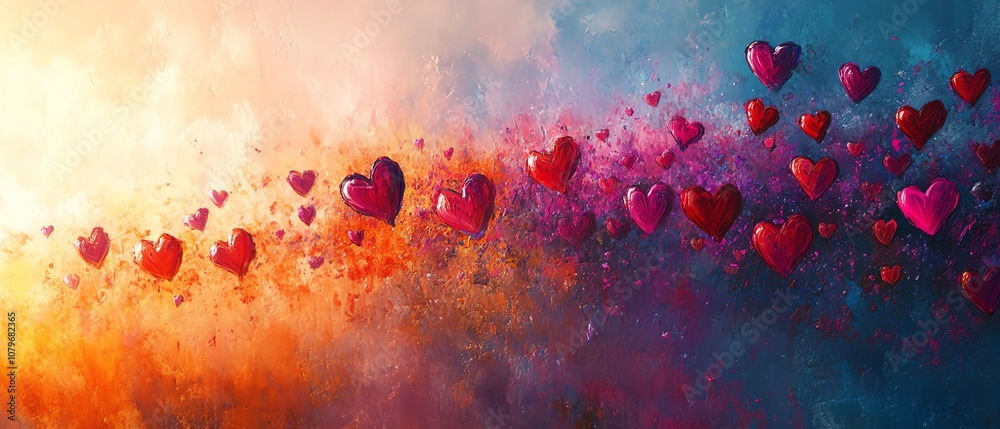 Poster vibrant 2d abstract art featuring a burst of colorful hearts, radiant reds, pinks, and purples explo