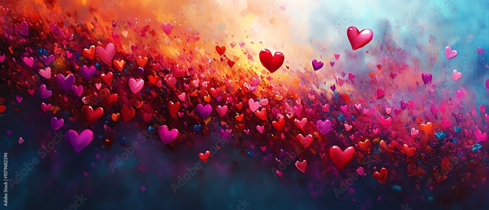 Poster vibrant 2d abstract art featuring a burst of colorful hearts, radiant reds, pinks, and purples explo