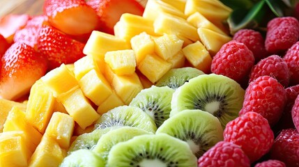 Fresh and Vibrant Assortment of Sliced Fruits Including Strawberries, Mango, Kiwi, and Raspberries in a Colorful Display