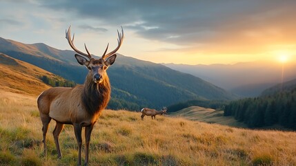 Majestic elk stag with impressive antlers silhouetted against a breathtaking sunset over a rugged mountain landscape  The serene tranquil scene captures the beauty and power of this wild