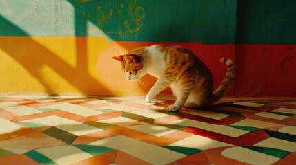 Ginger Cat on Geometric Tiled Floor