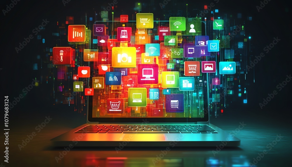 Leinwandbilder a laptop displaying numerous colorful digital icons and apps hovering in midair, symbolizing online 