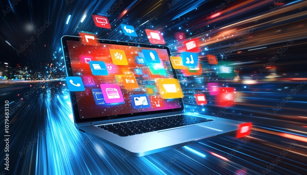 Aufkleber A laptop displaying numerous colorful digital icons and apps hovering in midair, symbolizing online connectivity and the world of modern technology, dynamic and futuristic design