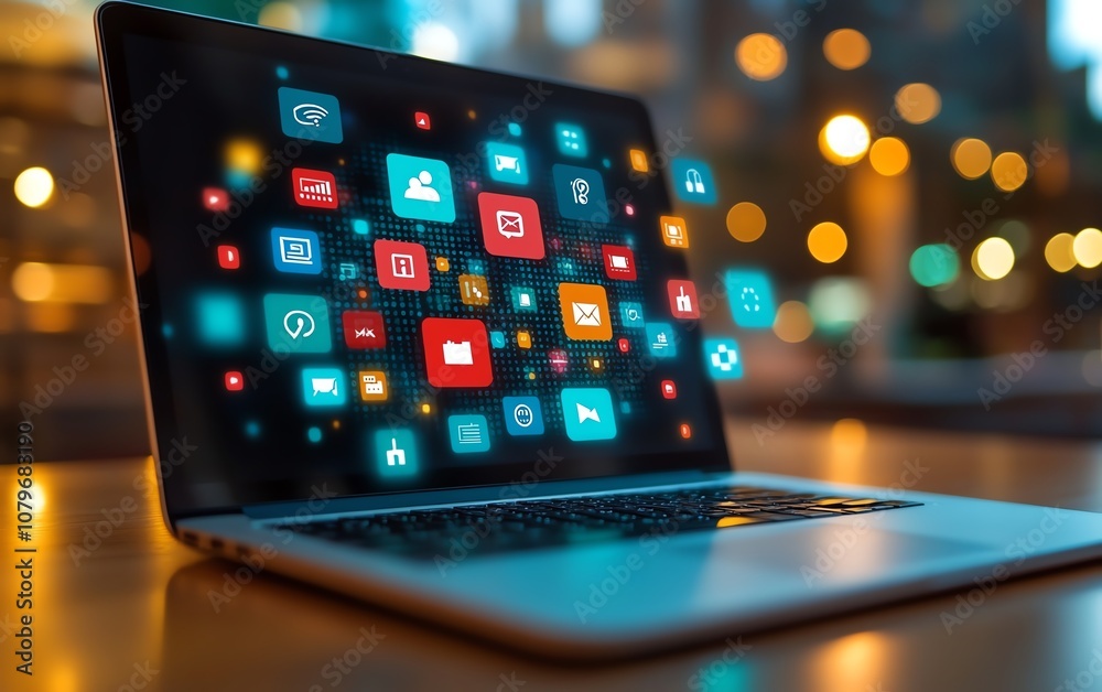 Aufkleber a laptop screen filled with colorful digital icons and apps floating in midair, symbolizing the worl