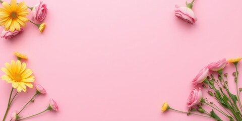 Fototapeta premium Top view flatlay arrangement of pink and yellow romantic flowers with space for text on a pink background, perfect for birthday, women's day, and mother's day concepts, top view, pink background