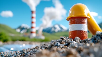 Obraz premium Industrial landscape with smoking factory chimneys billowing smoke against a backdrop of scenic mountains and cloudy blue sky Environmental energy and ecological concept