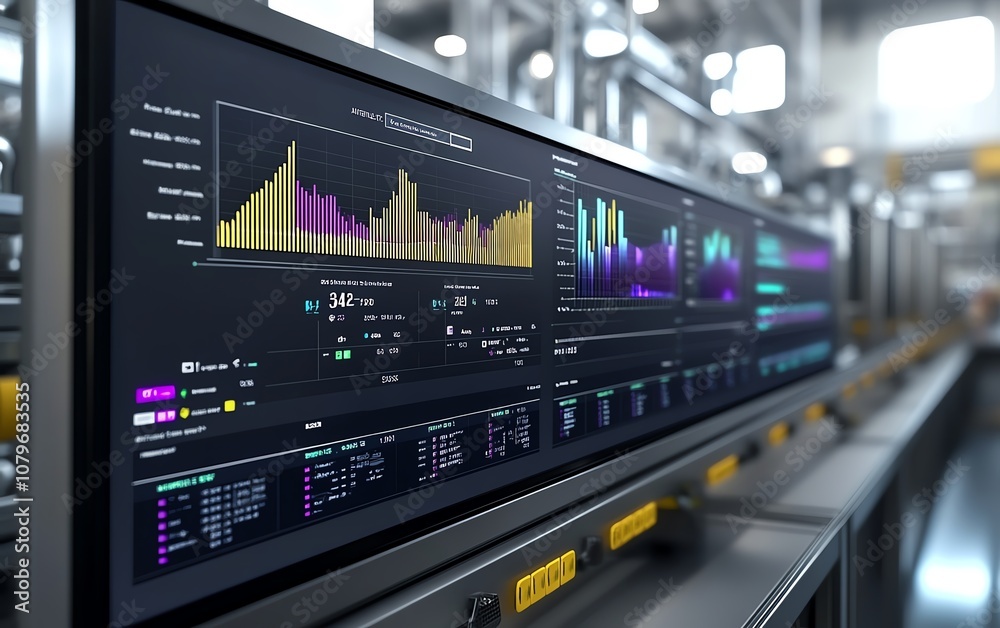 Poster Advanced dashboard in a hightech industrial setting, displaying realtime analytics and performance charts, driving datadriven decisions with cuttingedge technology