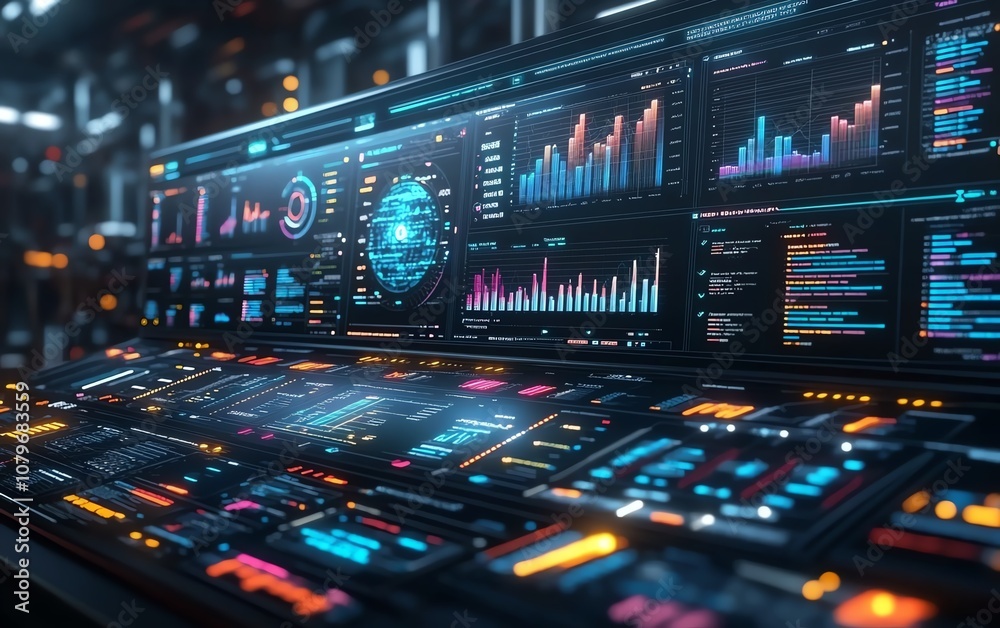 Poster Advanced dashboard in a hightech industrial setting, displaying realtime analytics and performance charts, driving datadriven decisions with cuttingedge technology
