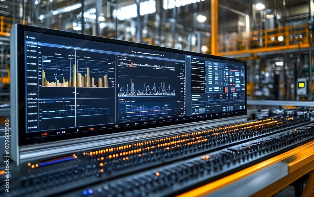 Poster Advanced dashboard in a hightech industrial setting, displaying realtime analytics and performance charts, driving datadriven decisions with cuttingedge technology