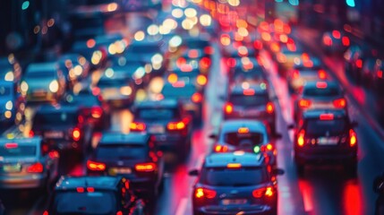 Bokeh Out of focus traffic jam at highway intersection at night, AI generated image