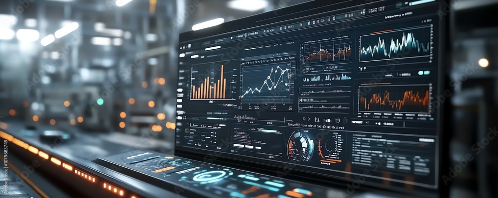 Leinwandbilder Control interface in a futuristic industrial environment, displaying realtime performance analytics and charts, part of an advanced dashboard for informed decisionmaking