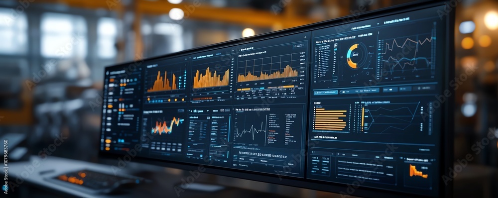 Poster Control interface in a futuristic industrial environment, displaying realtime performance analytics and charts, part of an advanced dashboard for informed decisionmaking