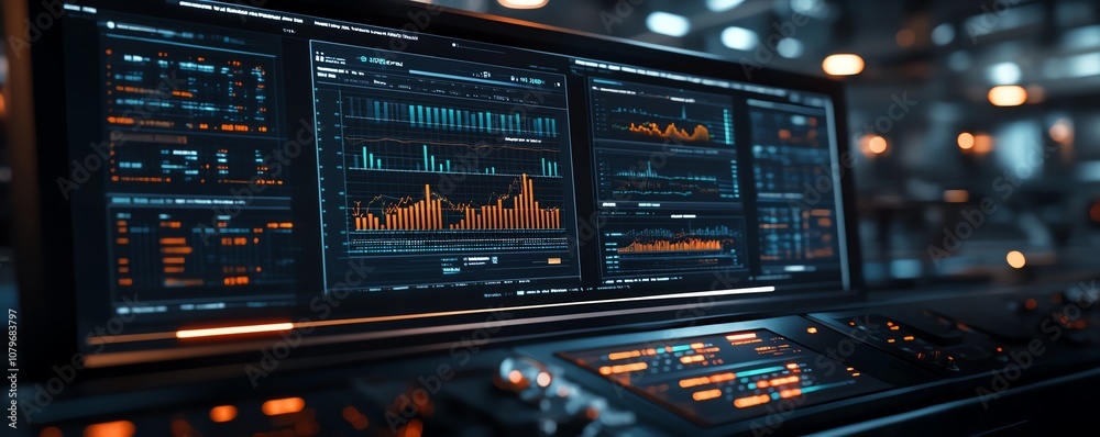 Leinwandbilder Control interface in a futuristic industrial environment, displaying realtime performance analytics and charts, part of an advanced dashboard for informed decisionmaking