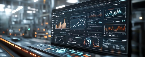 Fototapeta premium Control interface in a futuristic industrial environment, displaying realtime performance analytics and charts, part of an advanced dashboard for informed decisionmaking
