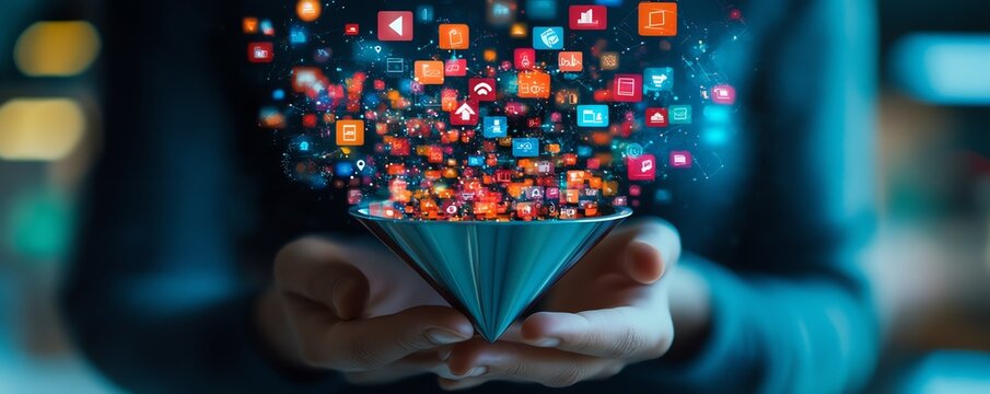 Digital marketing funnel held by a person, surrounded by vibrant icons like email campaigns, social media, SEO tools, and more, representing modern marketing techniques