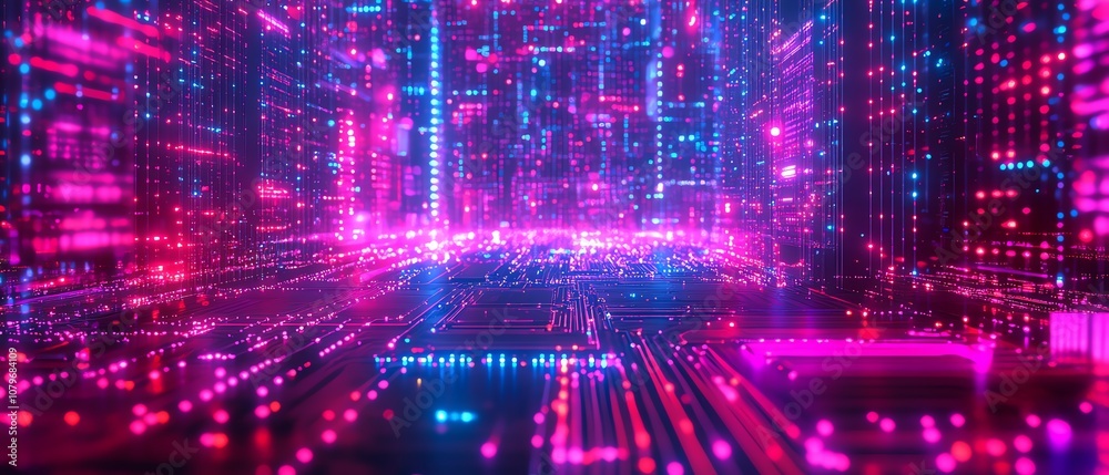 Aufkleber Futuristic 3D rendering of a computer motherboard with glowing pathways, intricate circuits, and digital nodes symbolizing the evolution of modern technology and communication
