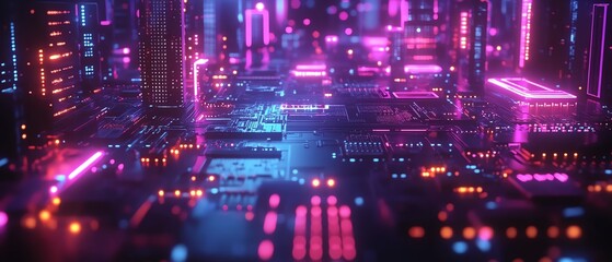Futuristic computer motherboard in 3D, detailed circuits and glowing nodes, symbolizing digital communication and cuttingedge technology with hightech, sleek design