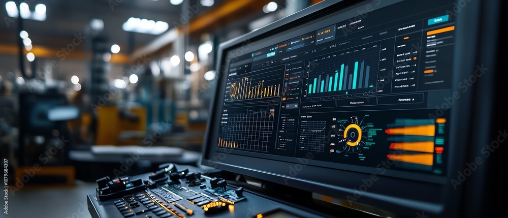 Poster Futuristic control interface with realtime analytics and performance charts, advanced dashboard in an industrial setting, showcasing technologydriven decisionmaking