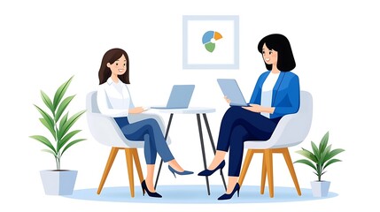 Two young professional women collaborating on laptop computers working together to discuss business strategies goals and plans in a contemporary office environment with plants and minimalist decor