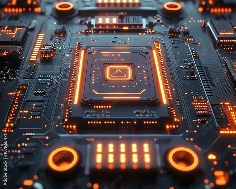 Poster hightech 3d rendering of a futuristic motherboard