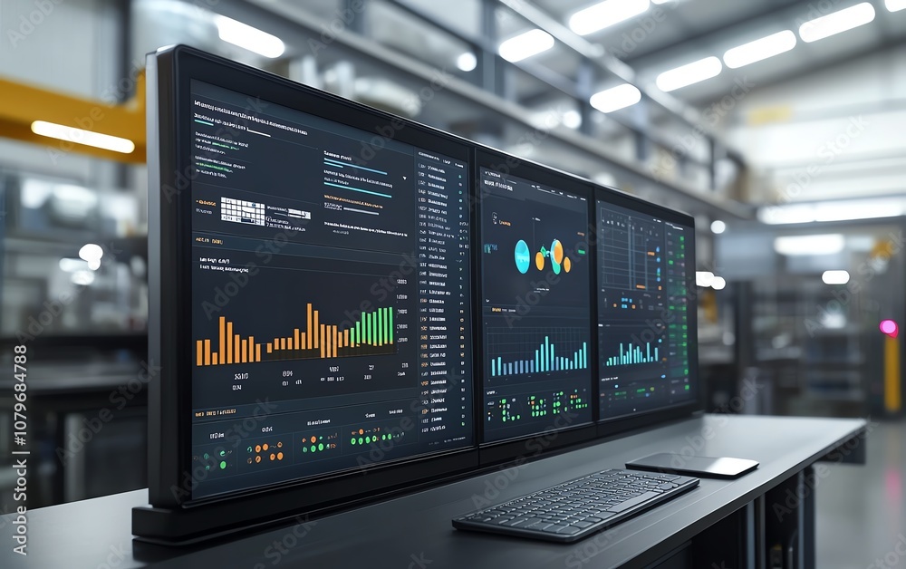 Poster Hightech control dashboard featuring realtime analytics and performance charts, part of a cuttingedge industrial setting, enhancing efficiency and datadriven decisions