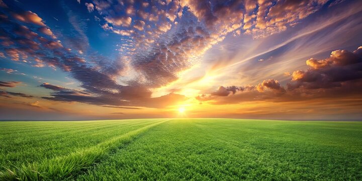 A vibrant sunset paints the sky with streaks of orange and pink, casting a warm glow over a vast expanse of verdant, rolling grassland.