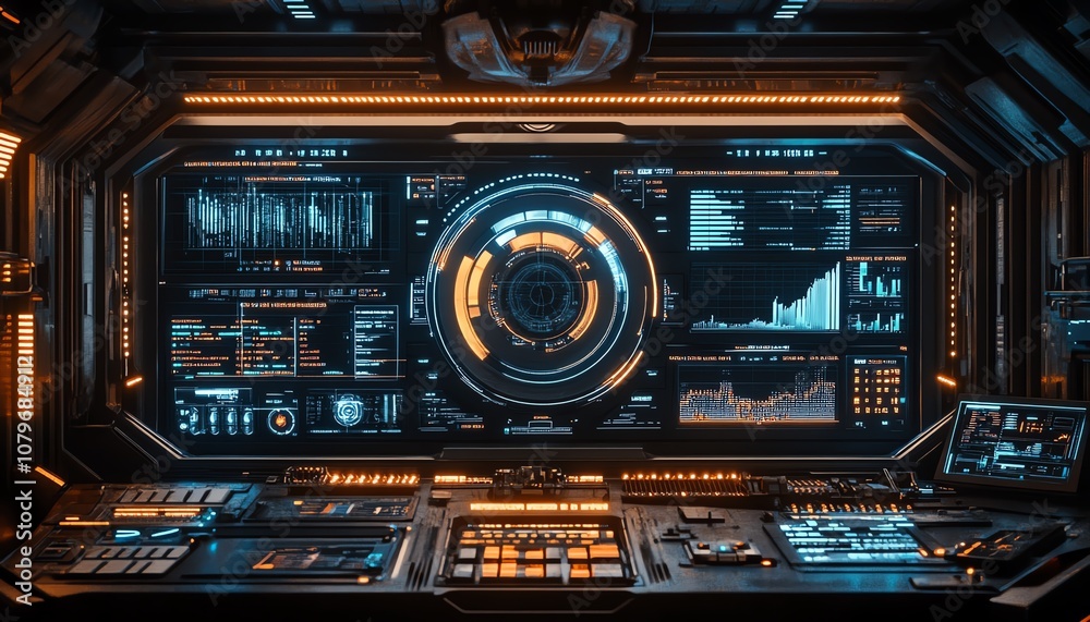 Aufkleber Hightech control panel featuring performance analytics and realtime data charts, set in a futuristic industrial environment for optimizing decisionmaking and performance