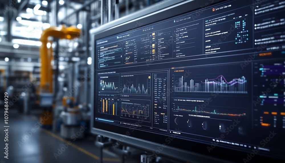 Aufkleber Hightech control panel featuring performance analytics and realtime data charts, set in a futuristic industrial environment for optimizing decisionmaking and performance