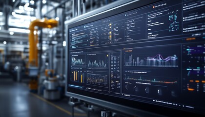 Obraz premium Hightech control panel featuring performance analytics and realtime data charts, set in a futuristic industrial environment for optimizing decisionmaking and performance
