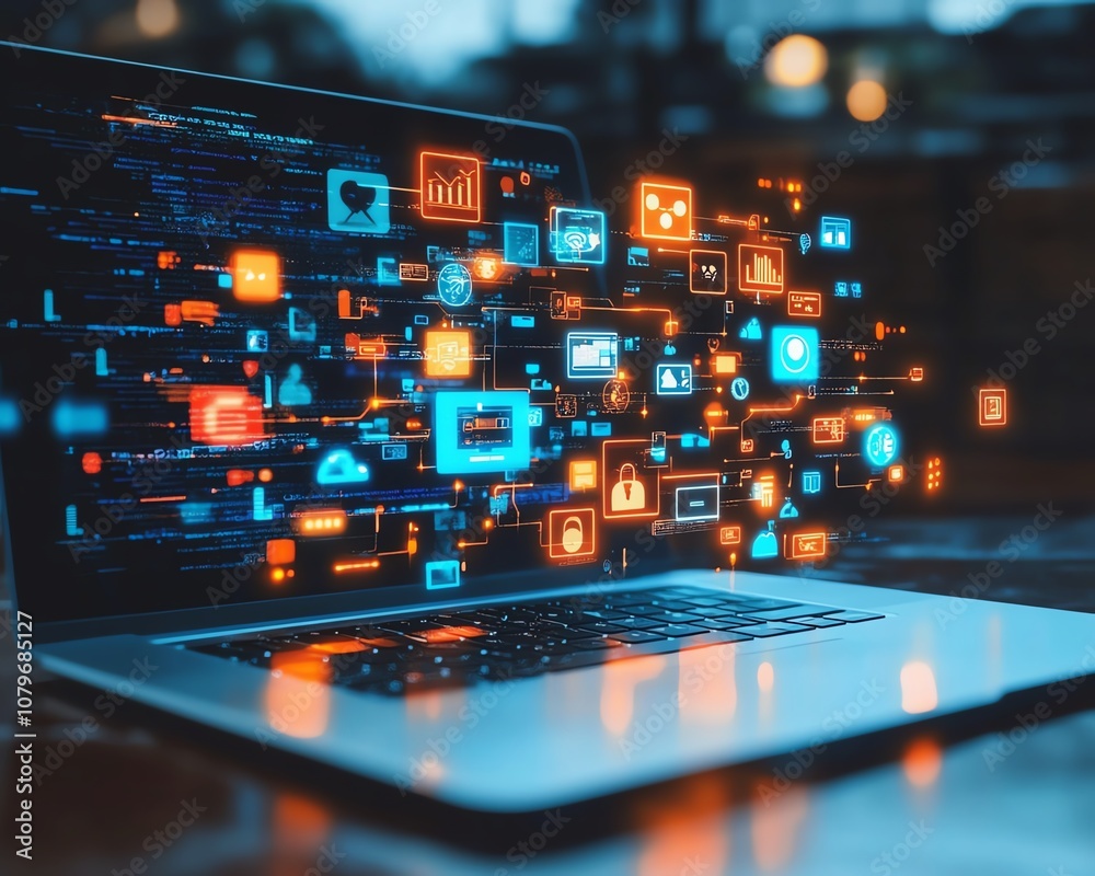 Aufkleber Laptop screen showing vibrant digital icons and apps floating in the air, representing online connectivity, communication, and technology in a visually engaging way