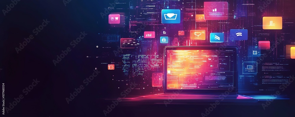 Aufkleber laptop screen with numerous colorful digital icons and floating apps, symbolizing online connectivit