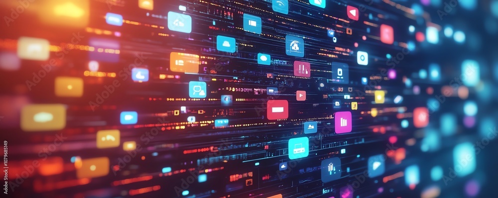 Fototapete laptop screen with numerous colorful digital icons and floating apps, symbolizing online connectivit