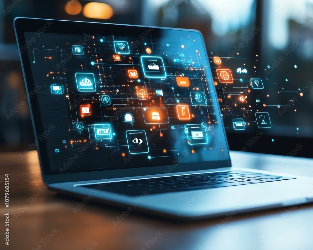 Aufkleber laptop showcasing vibrant digital icons and apps in midair, representing online connectivity, techno