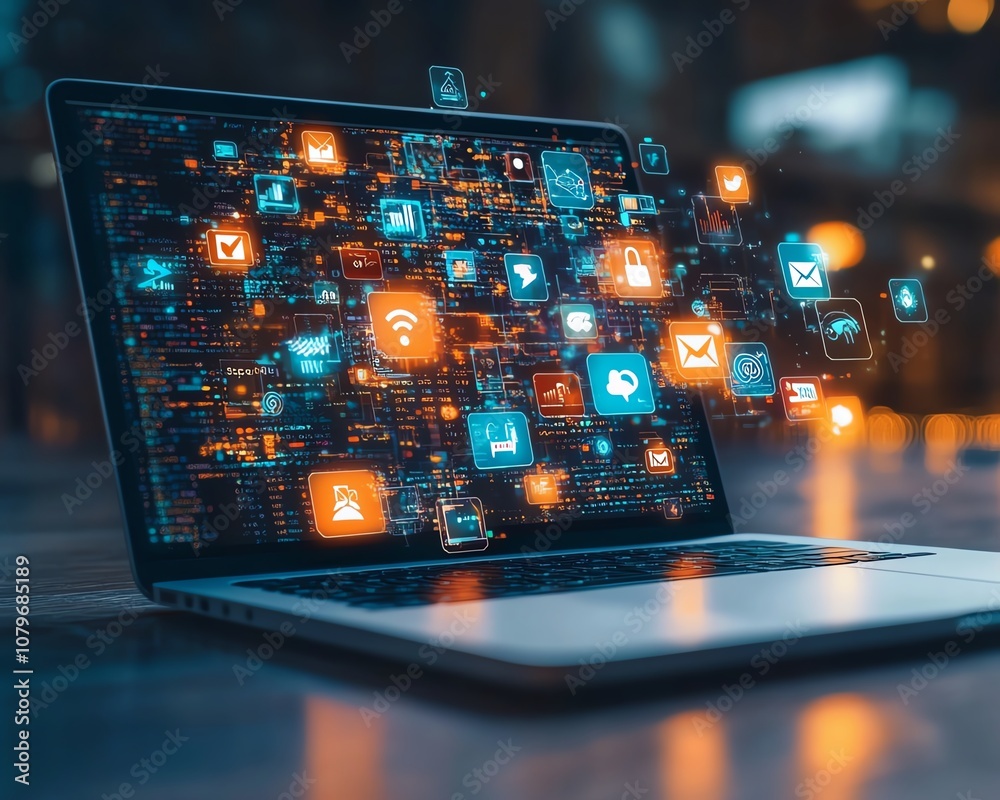Aufkleber laptop showcasing vibrant digital icons and apps in midair, representing online connectivity, techno
